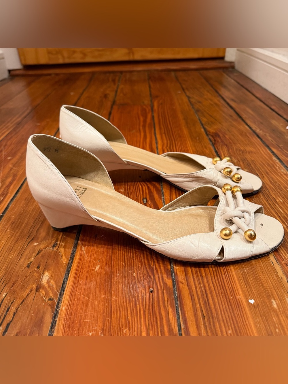 Stuart Weitzman Cream D'Orsay Low Wedge Heels with Gold Studs